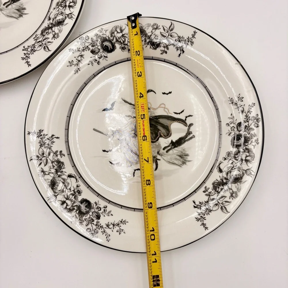 Potter's Studio Halloween Witch Black Cat Rose Dinner Plates Set of 2 Gold Trim